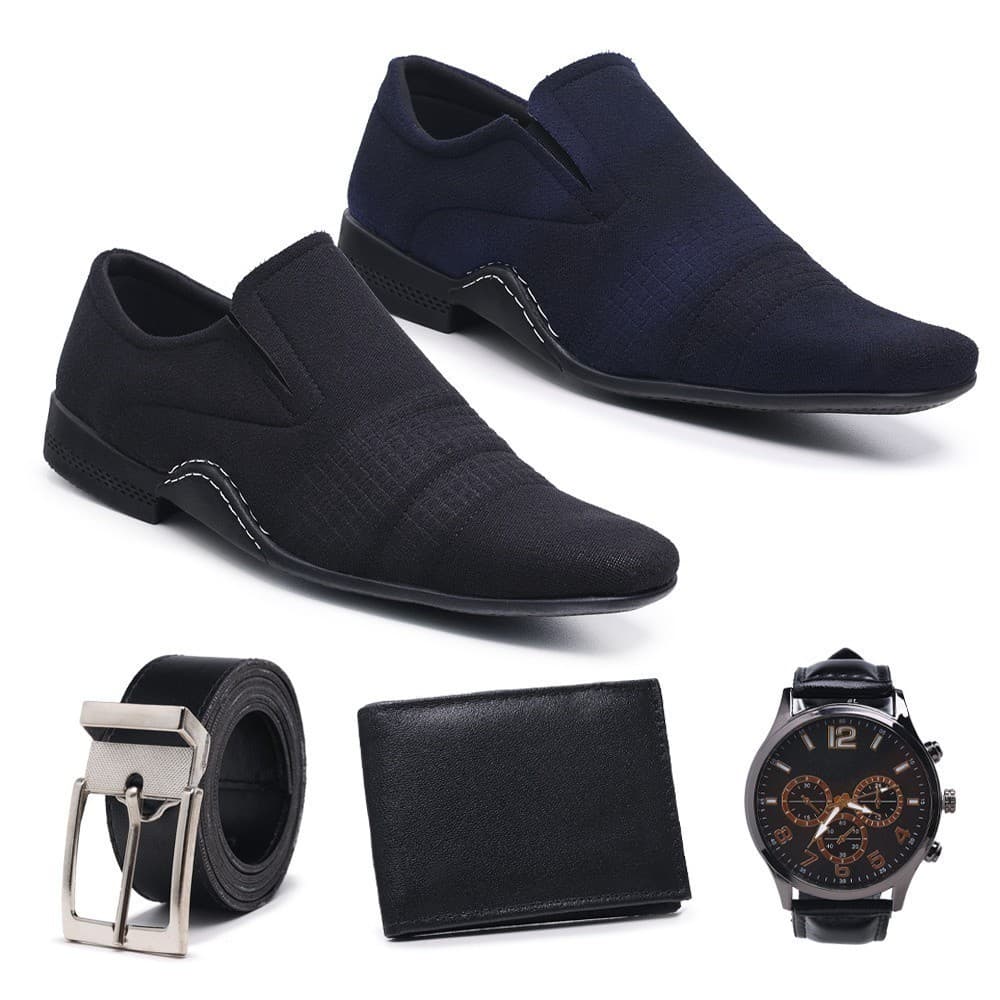 Kit 2 Pares de Sapato Social Masculino Camurça Elegante Preto Azul MarinhoCintoCarteira Estilo Elegancia
