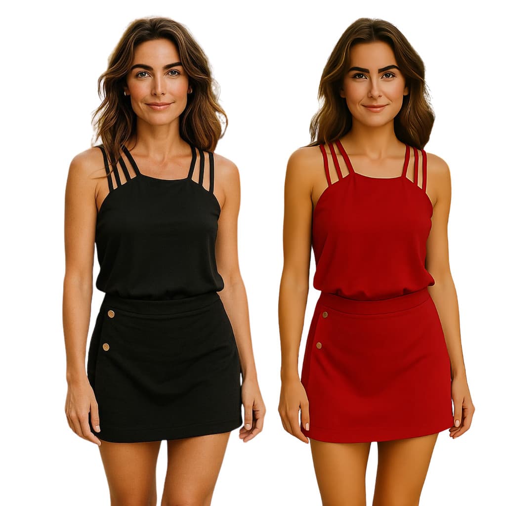 Conjunto Feminino Shorts Saia Camisa Crepe Alça Tripla
