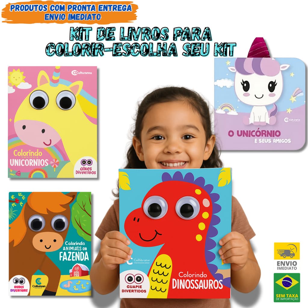 Kit Livros Olhinhos Curiosos Cartonados Infantil Unicórnios Dinossauro Animais da Fazenda