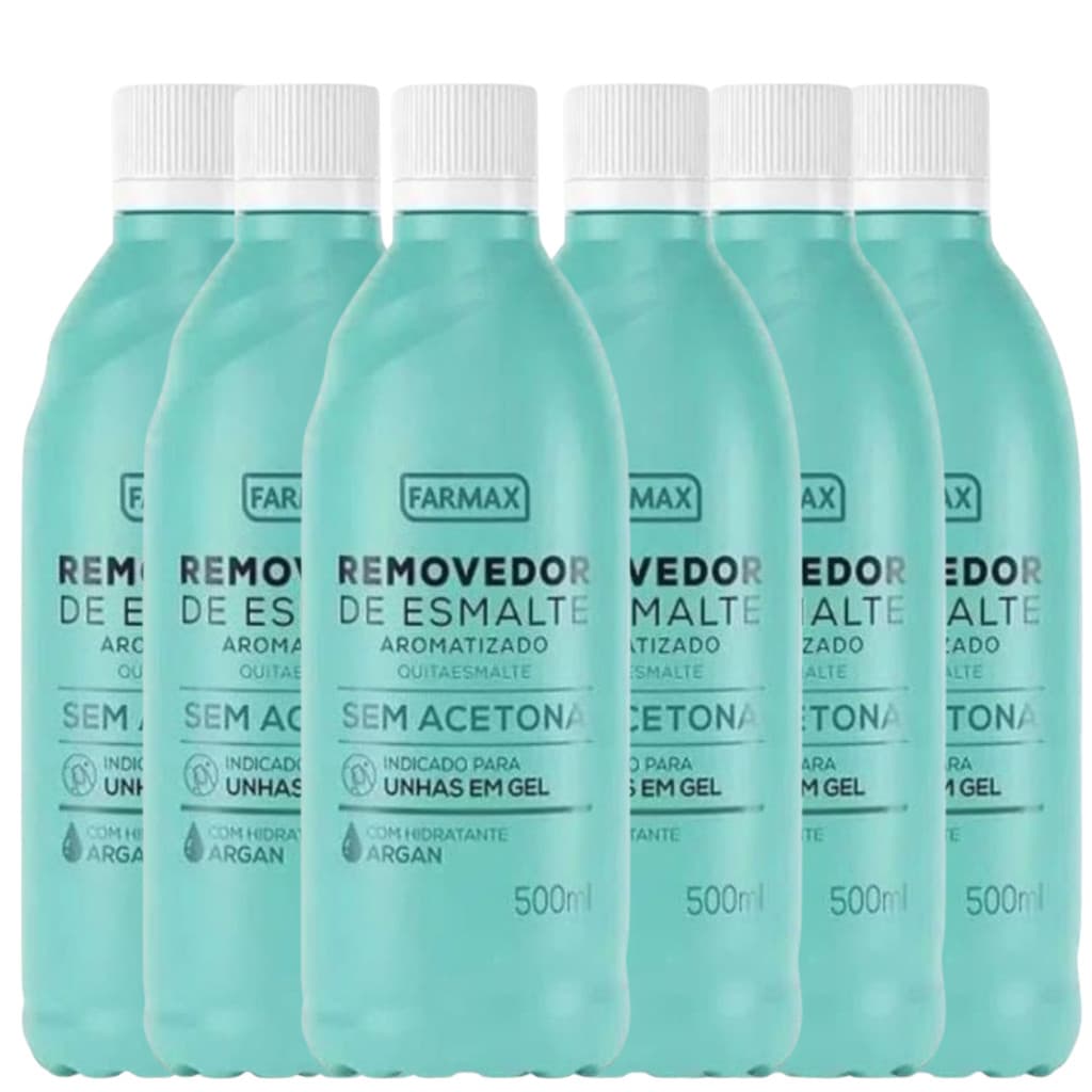 Kit 6 Removedor Farmax Argan Sem Acetona 500 ml Glicerina Nutritivo Unhas em Gel Hidratação Suave