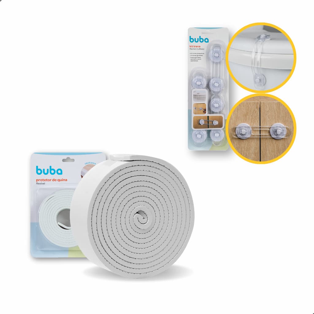 Kit Segurança Bebê Buba com 7 Travas Flexíveis para Armários e Protetor de Quina 2m Móveis Ponta