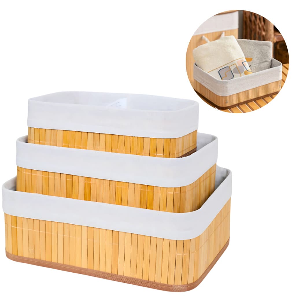 Kit 3 Cestos Organizador De Bambu Multiuso Com Forro
