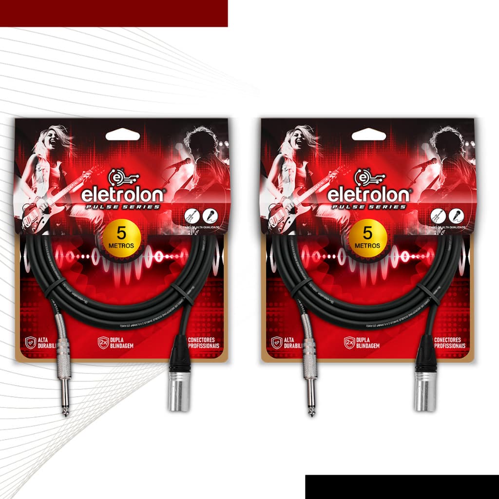 Kit 2 Cabo De Microfone Balanceado P10 Mono Para Xlr Macho 5m Metros - Pulse Eletrolon
