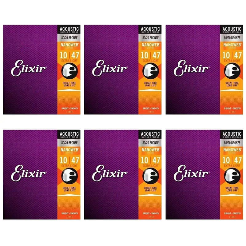 6 pcs/set Cordas de guitarra acústica Elixir 0.10 Revestimento 80/20 Nanoweb Bronze Revestimento
