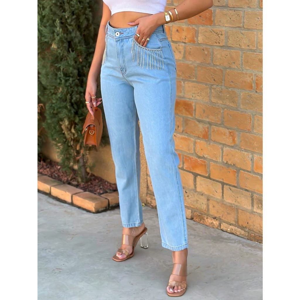 maisbonitomoda 8171 Calça jeans feminina calca mom  cintuta alta jeans com brilho