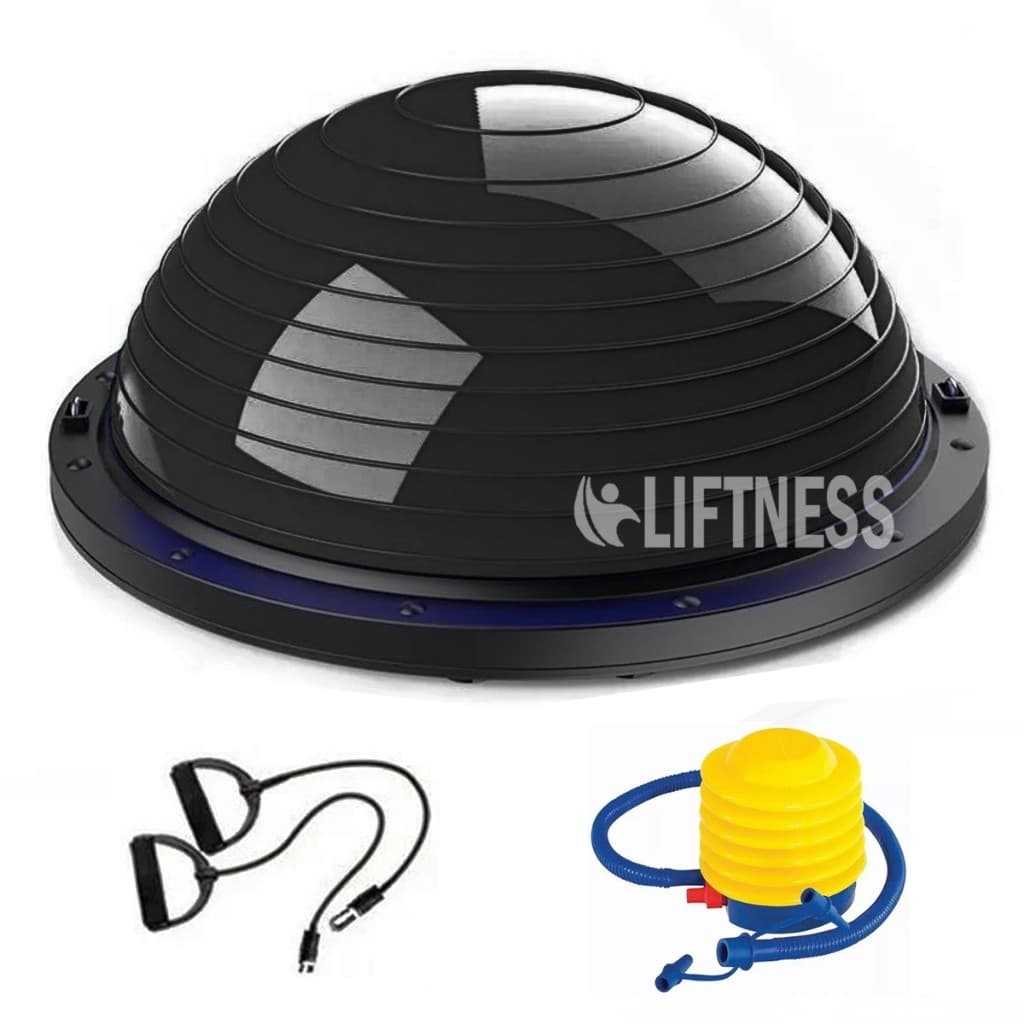 MEIA BOLA GINÁSTICA SUÍÇA COM BOMBA ALÇAS PILATES BOLA BOSSU 58CM PRETA