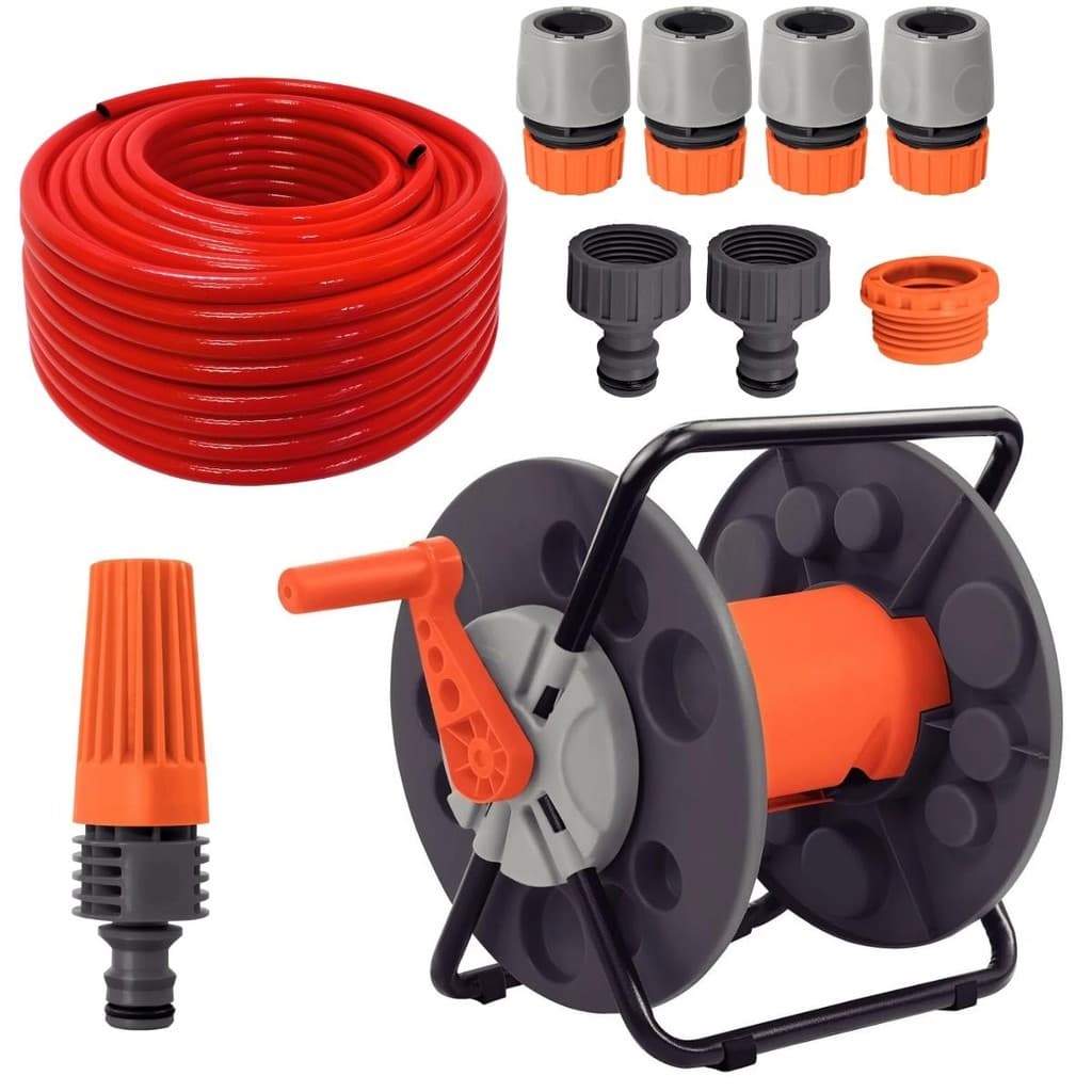 Suporte Enrolador + Mangueira Jardim 1/2" C/30m + Esguicho C/Jato Regulável + Engates Rápido + Bicos