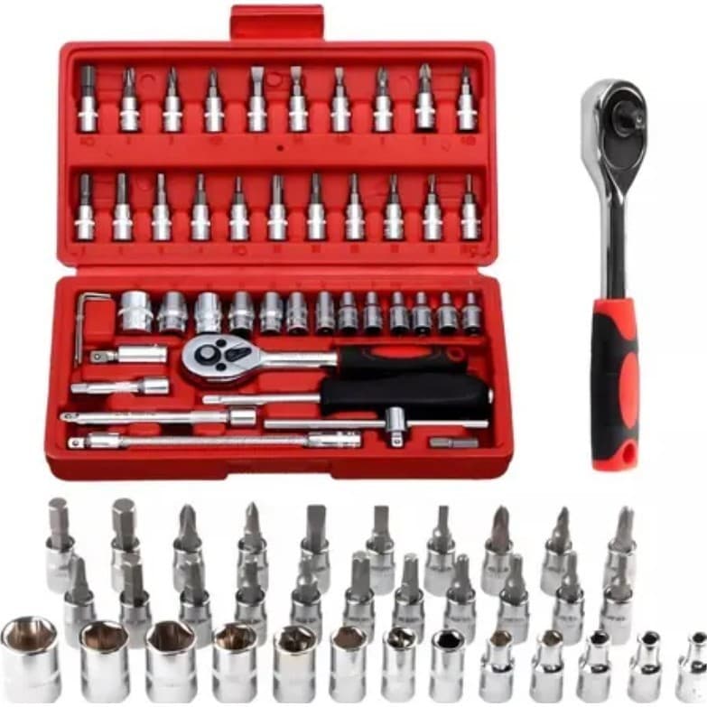 Kit Jogo de Soquete 46 Peças Chave Catraca Reversível com Maleta