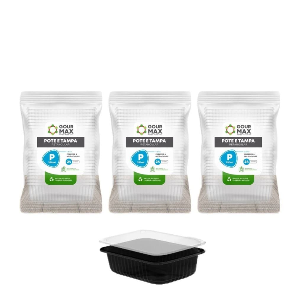 Kit Pote Preto C/ 72un 350ml Descartável Marmita Freezer Microondas Fitness Retangular