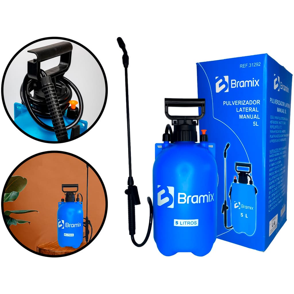 Pulverizador Lateral Manual Plástico Com Alça Bico Ajustável Borrifador Multiuso 5 Litros Bramix