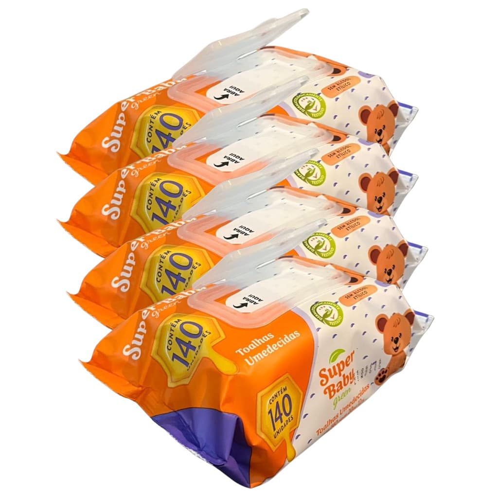 Kit 560 Toalhas Umedecidas Super Baby 20 x 12 cm = 4 Pacotes com 140 Toalhas cada
