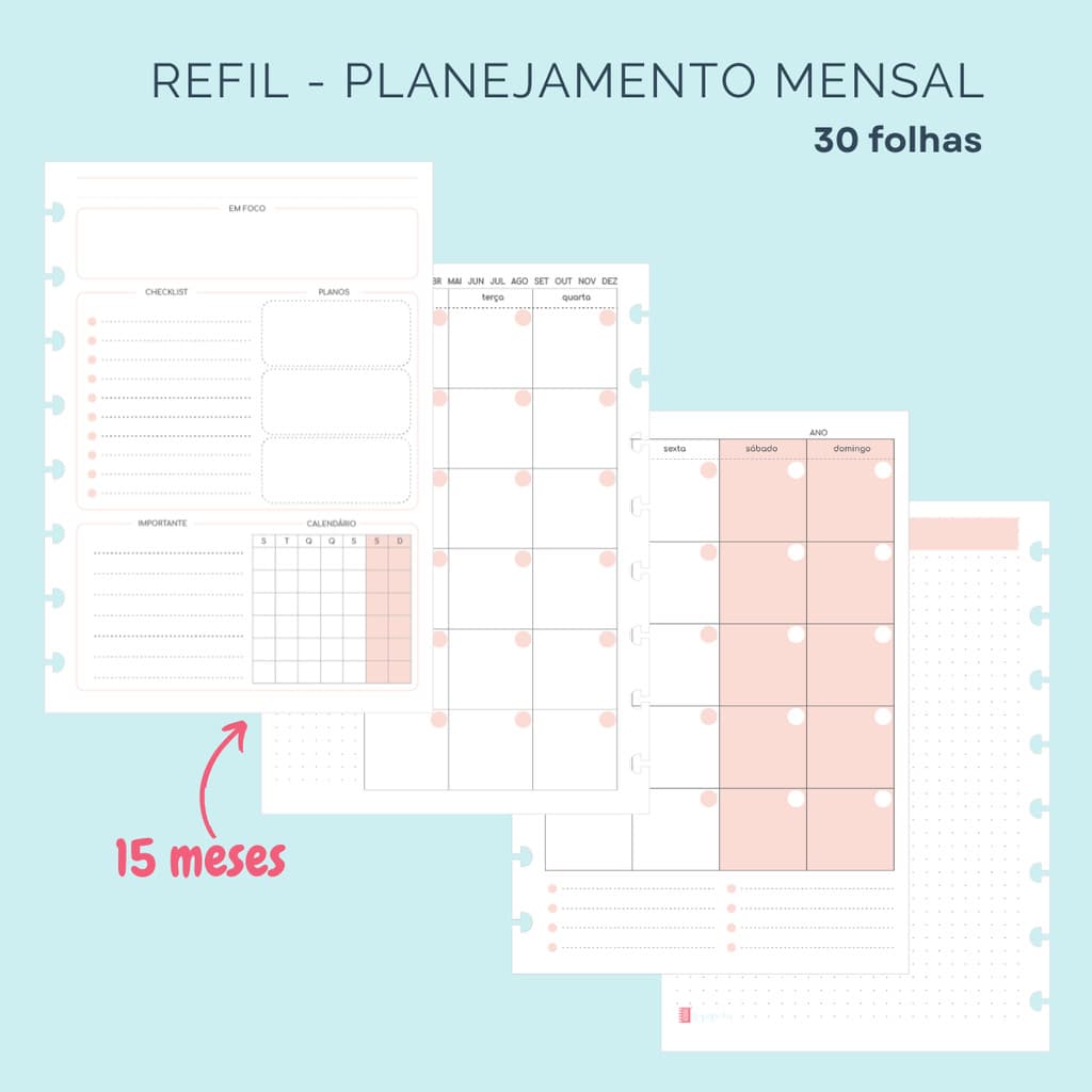 Refil de Planejamento Mensal para Caderno de Disco (Caderno Inteligente) - 30 folhas