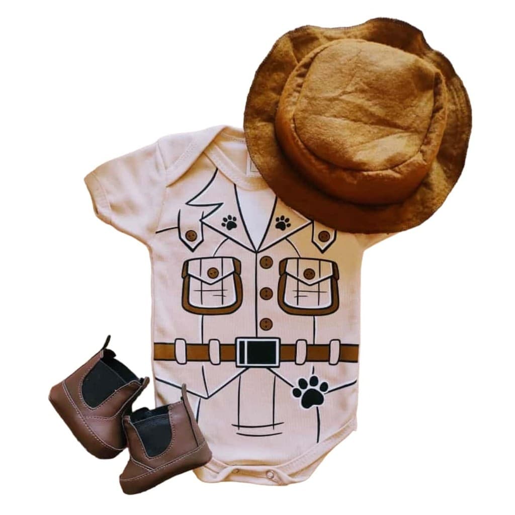 Kit Body Bota Chapéu Safari Temático Bebê Mêsversário Infantil Fantasia Selva