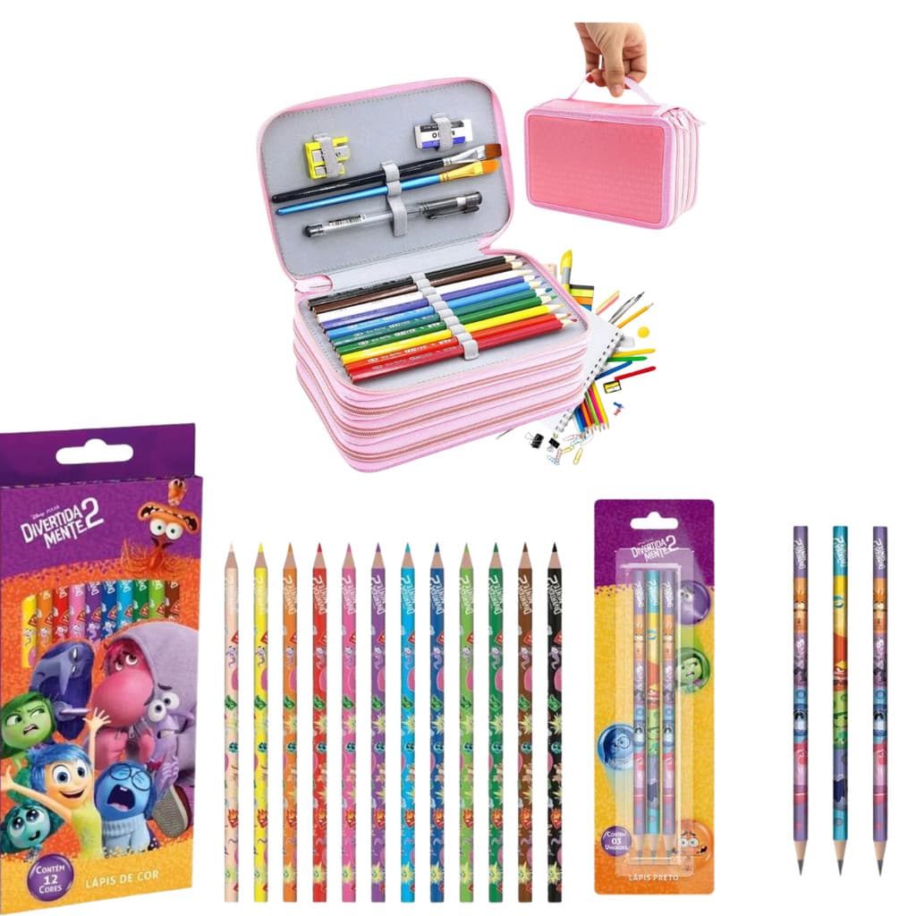 Kit Escolar Volta às Aulas Divertidamente 2 Tris com Estojo Grande + Lápis de Cor + Lápis Grafite