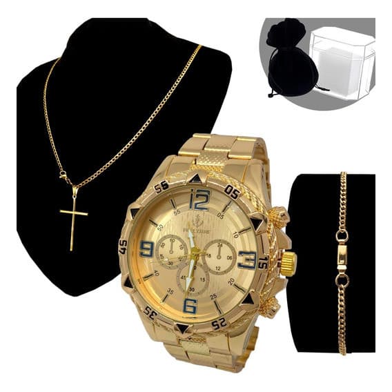 Relógio Masculino Original Aço Inox a Prova D'água Dourado + Corrente Cruz + Pulseira Banhada a Ouro