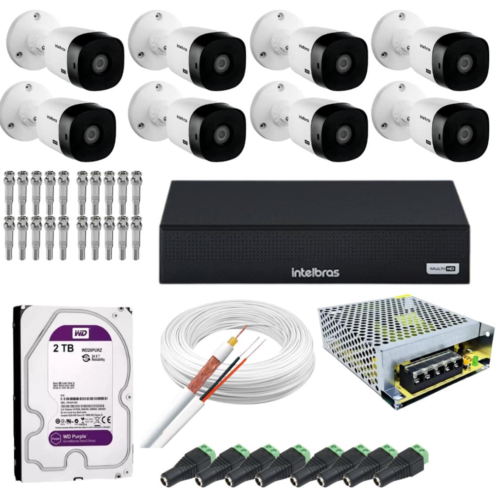 Kit CFTV Intelbras 8 Câmeras Full HD + DVR MHDX 1108-C + HD 2TB – Acesso Remoto via Celular
