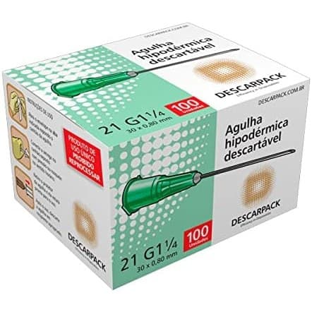 Agulha Hipodermica Descarpack Descartavel 30,0mm x 0,80mm,  21G, caixa com 100 unidades