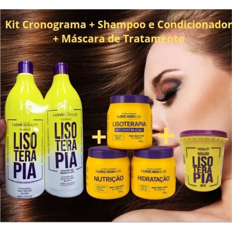 Kit Lisoterapia Cronograma Hidratação Reconstrução Shampoo  Condicionador Pós Máscara deTratamento
