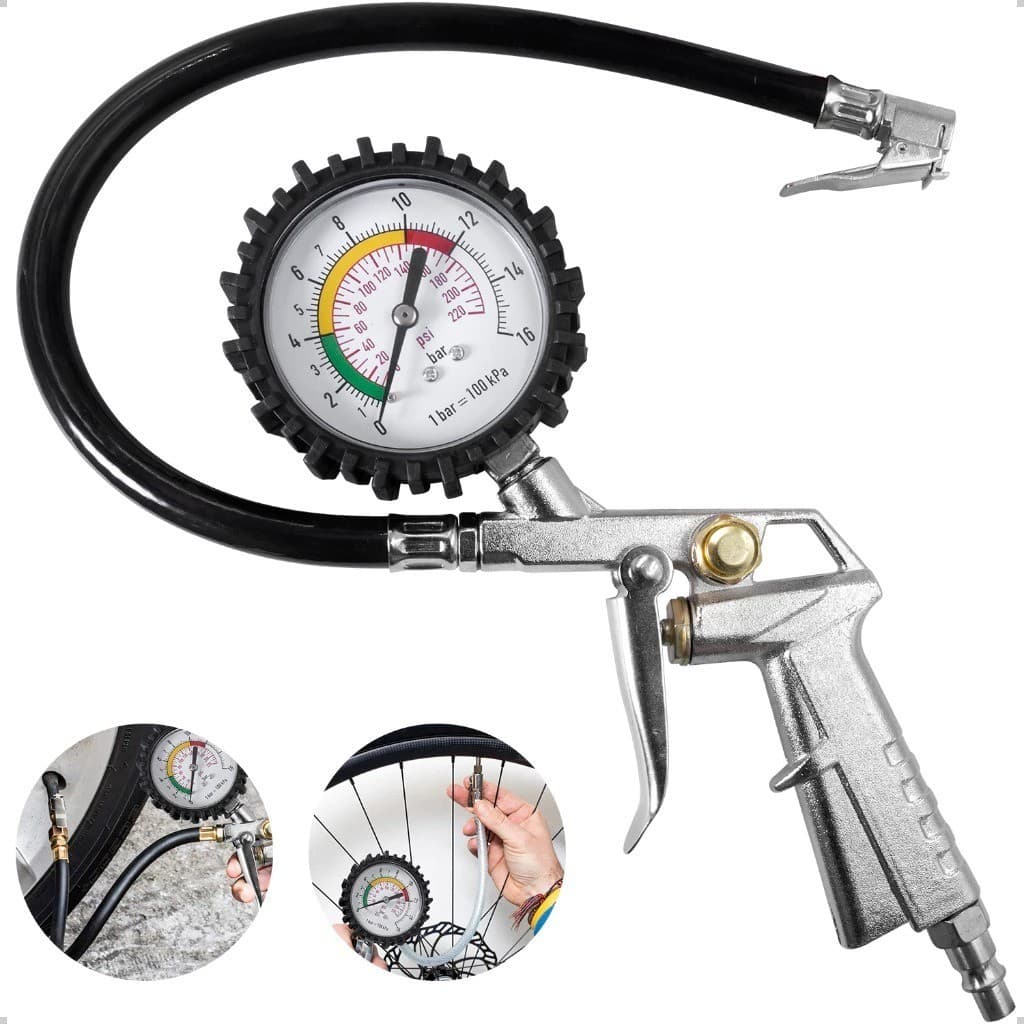 Calibrador E Inflador De Pneus Profissional Com Manômetro 220 PSI/16BAR Encaixe Rosca