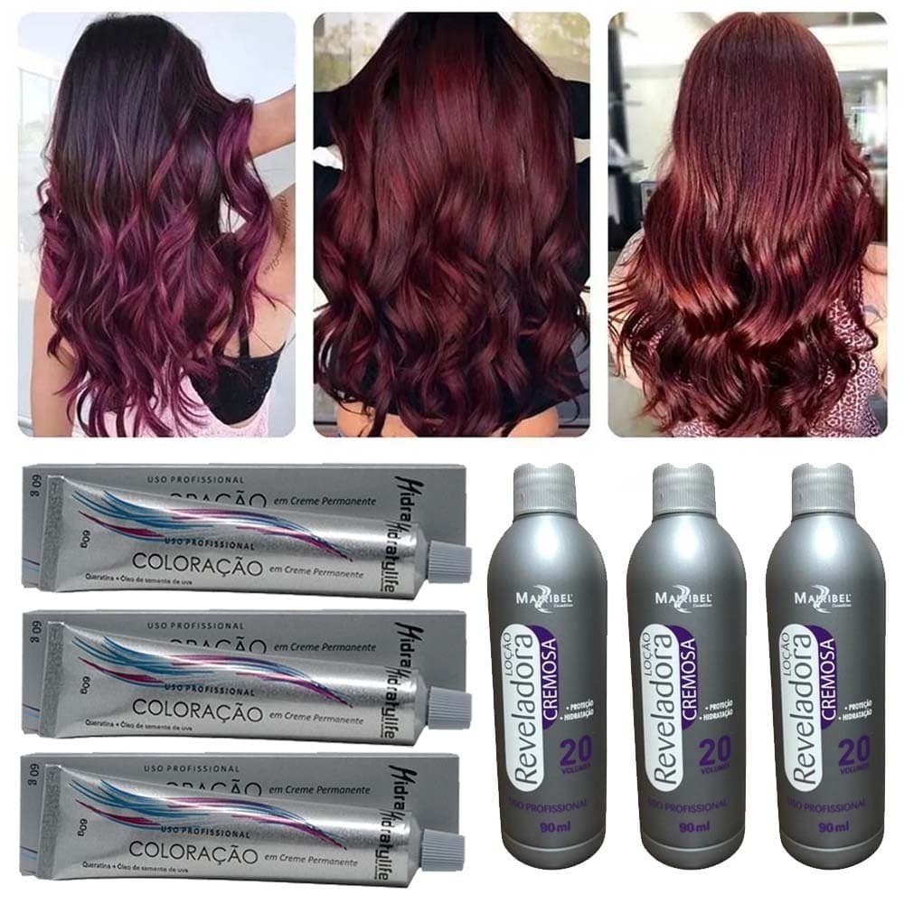 Kit Tinta Coloração Vinho Marsala 03 Coloração, 03 Loção Reveladora OX 20 90ml Mairibel Profissional