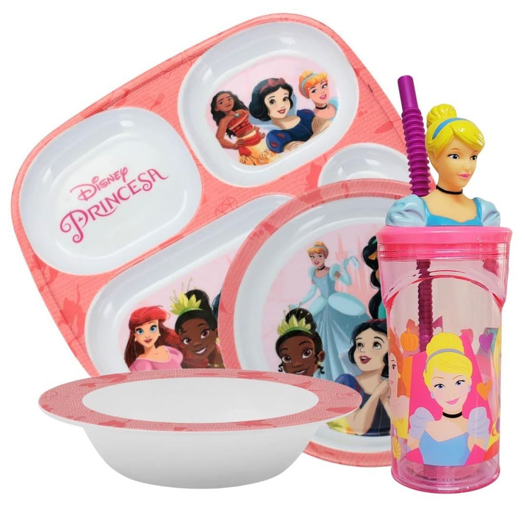 Jogo Refeição Infantil Princesas Disney 4 Peças Bandeja Divisória, Prato Fundo, Tigela e Copo Melamina - Tuut