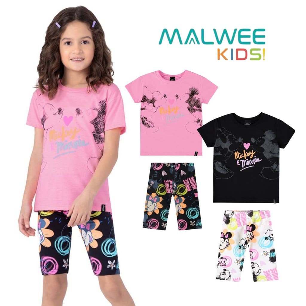 CONJUNTO MALWEE INFANTIL MENINA CAMISETA E SHORTS MINNIE E MICKEY ESTAMPADO DISNEY