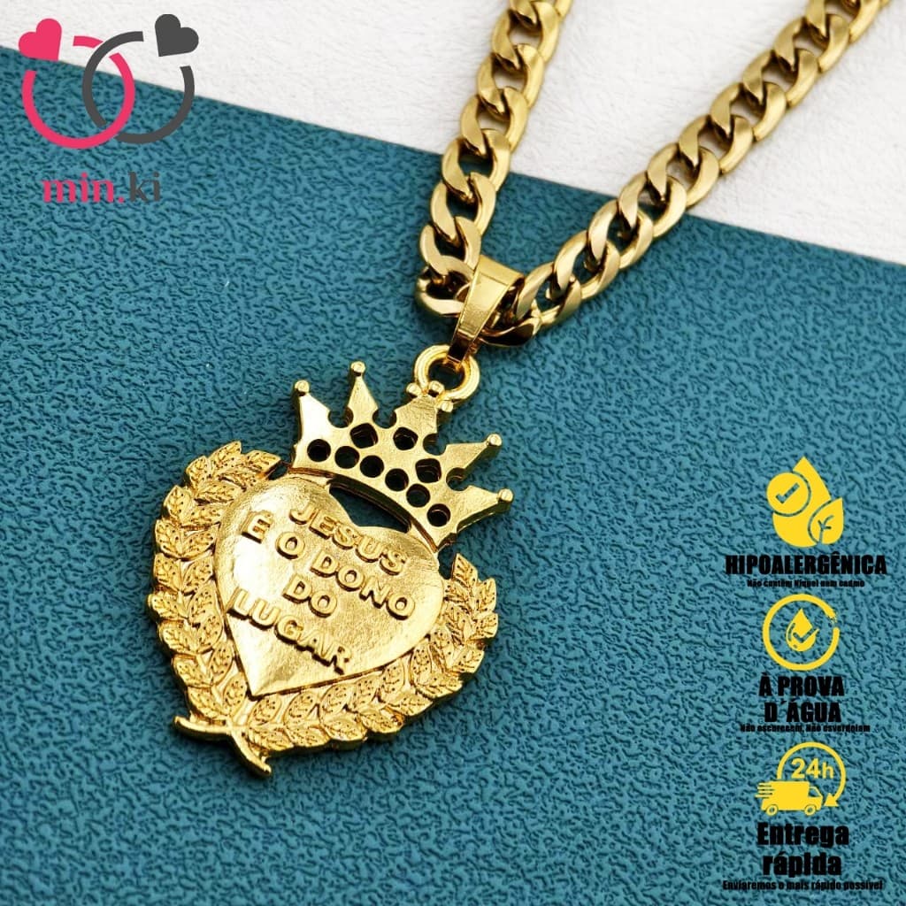colar moda Corrente Cordão Friso 8mm com Moeda Antiga Grande 70cm + Pingente "Jesus Dono do Lugar"