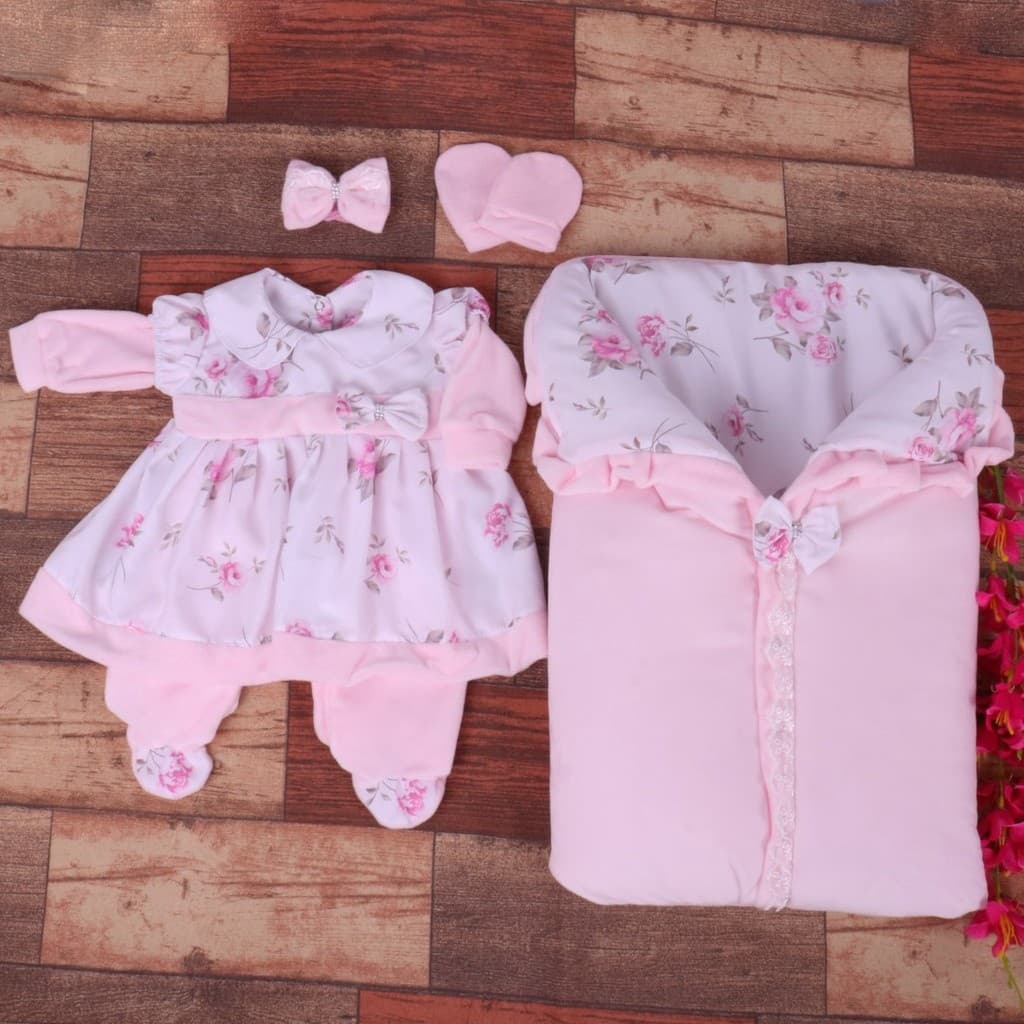 Kit Saída De Maternidade Lady Luxo Menina Rosa  com Saco De Dormir e faixinha de Laço 100% algodão