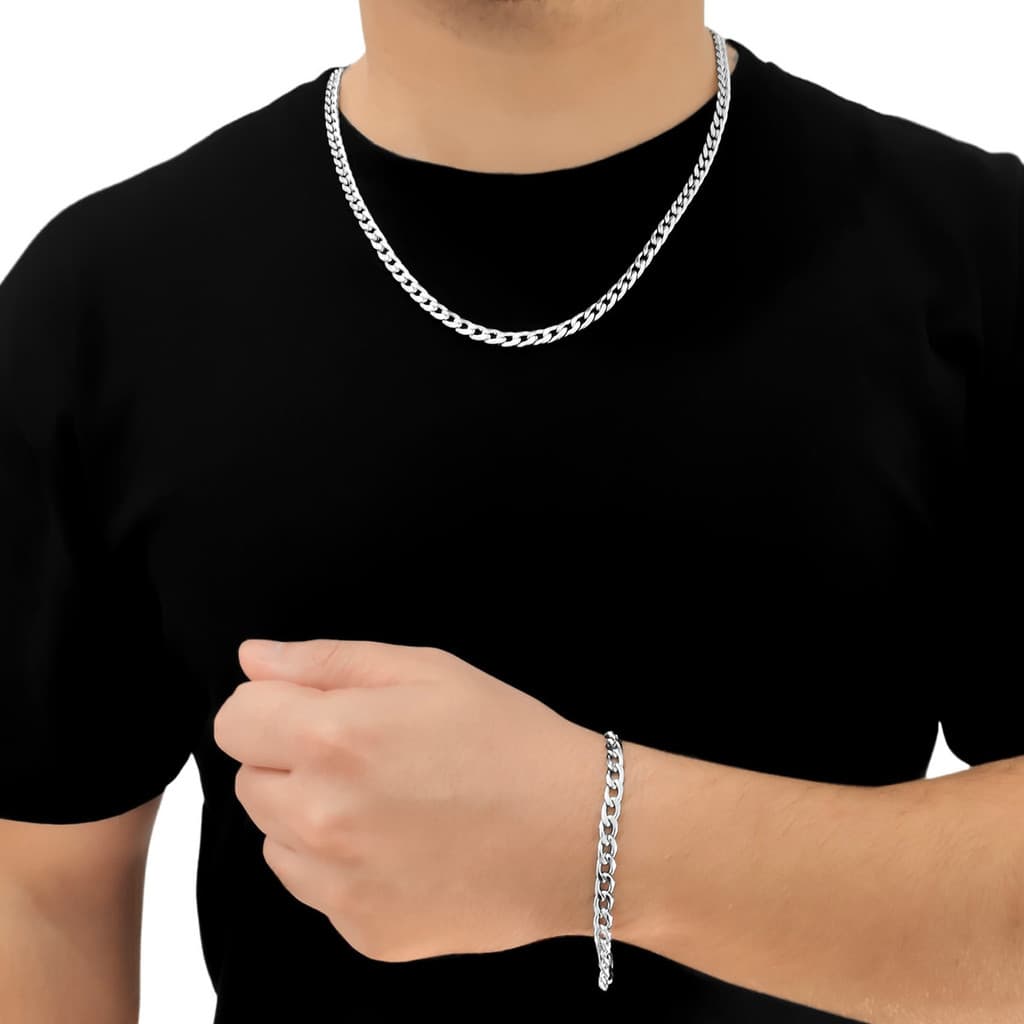 Corrente Kit Cordão Grumet Banhado A Prata 925 + Pulseira