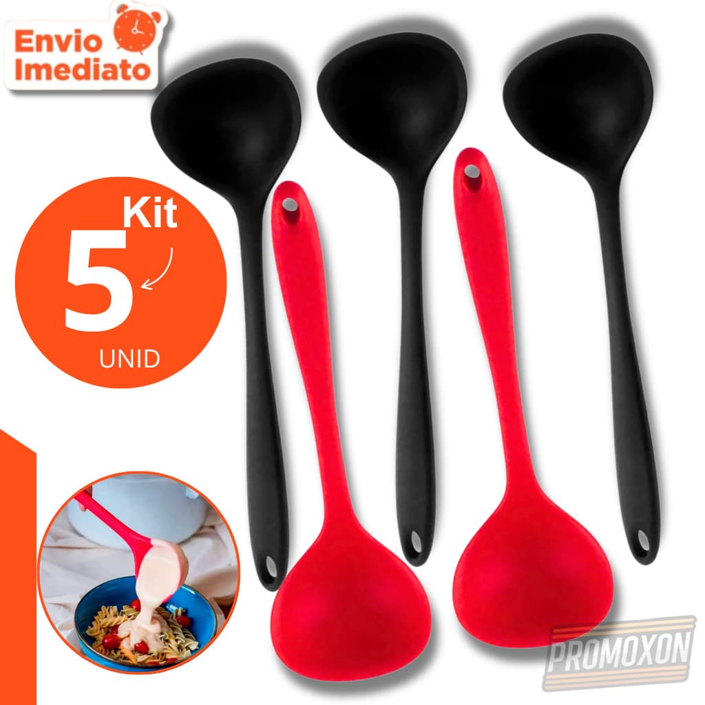 Concha de Silicone Premium Cozinha Funcional, Antiaderente, Cabo Ergonômico – Feijão, Sopa, Molho Kit 5, 4 ou 3 unid