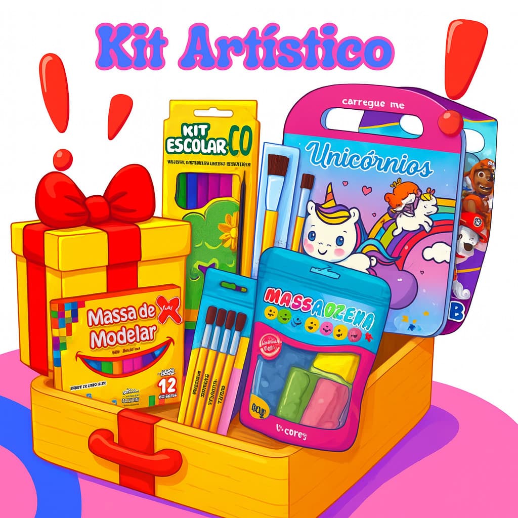 Kit Artístico - Massa de EVA + Pincéis + Tinta + Modelar + Lápis de Cor + Desenhos para colorir