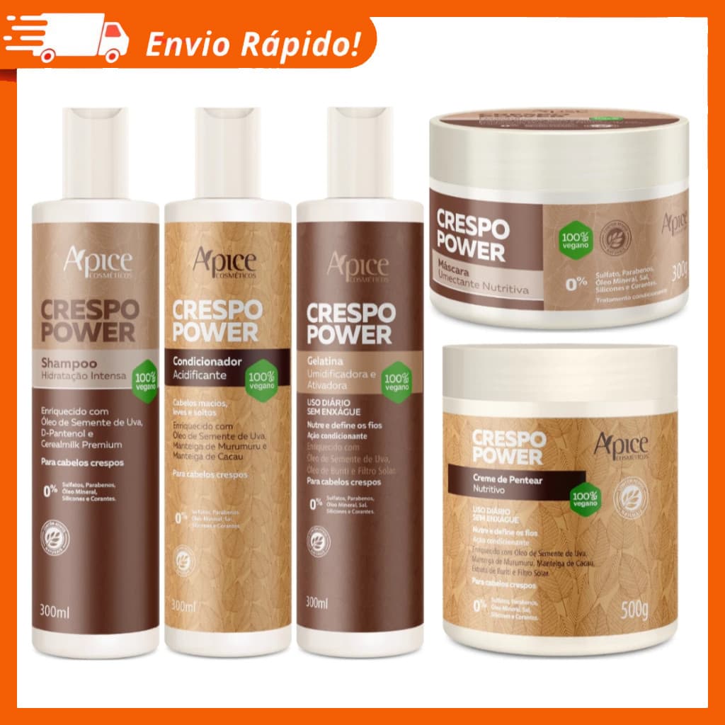 Kit Apse Crespo Power Linha Completo 5 Produtos Tratamento Completo Cabelo Vegano Profissional