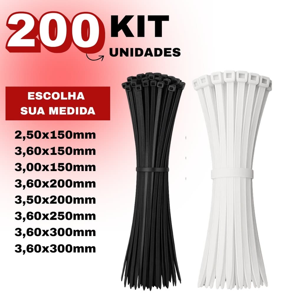 Kit 200 Cintas Plasticas Abraçadeira Nylon Enforca Gato Preto/Branco - Várias Medidas