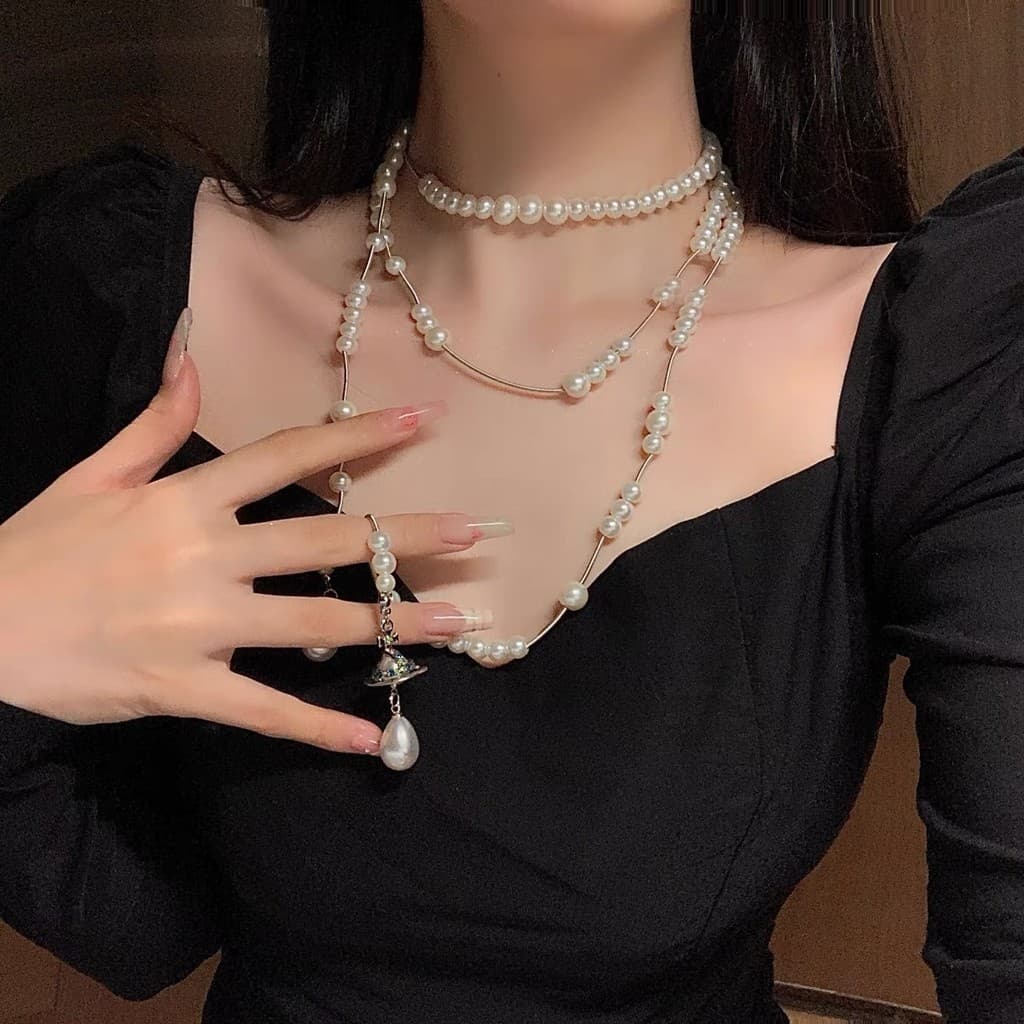 Colar de Pérolas Vintage Fashionável de Luxo Leve com Franjas em Camadas, Colar Saturno, Choker Assimétrico de Camadas d