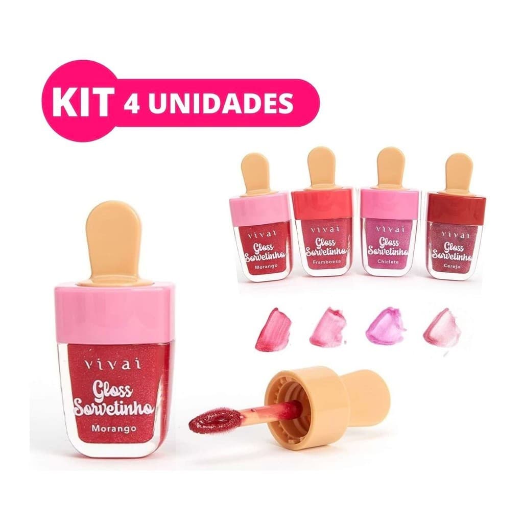 Kit 4 Gloss Labial Sorvetinho Vivai – Morango, Framboesa, Chiclete e Cereja – Brilho e Hidratação