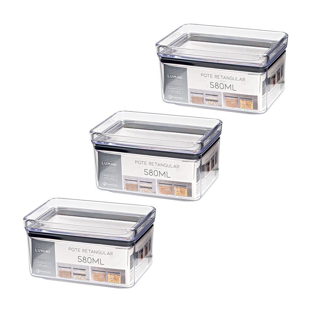 Kit 3 Potes Pequenos Herméticos Empilháveis Mantimentos Organizadores 580ml Lumini Paramount
