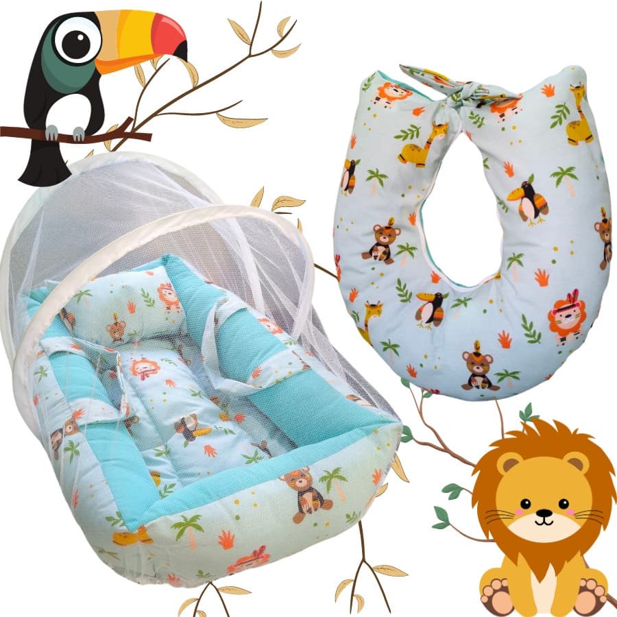Kit Luxo Ninho Redutor Safari Com Almofada Amamentação + Mosquiteiro. Conforto e Segurança e Elegância que Seu Bebe Precisa