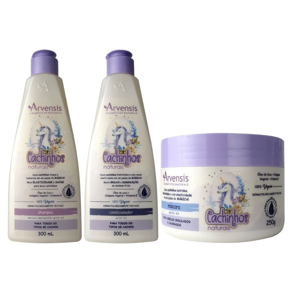 Kit Arvensis Cachinhos Infantil Ondulados Shampoo Condicionador Máscara Chique Cosméticos