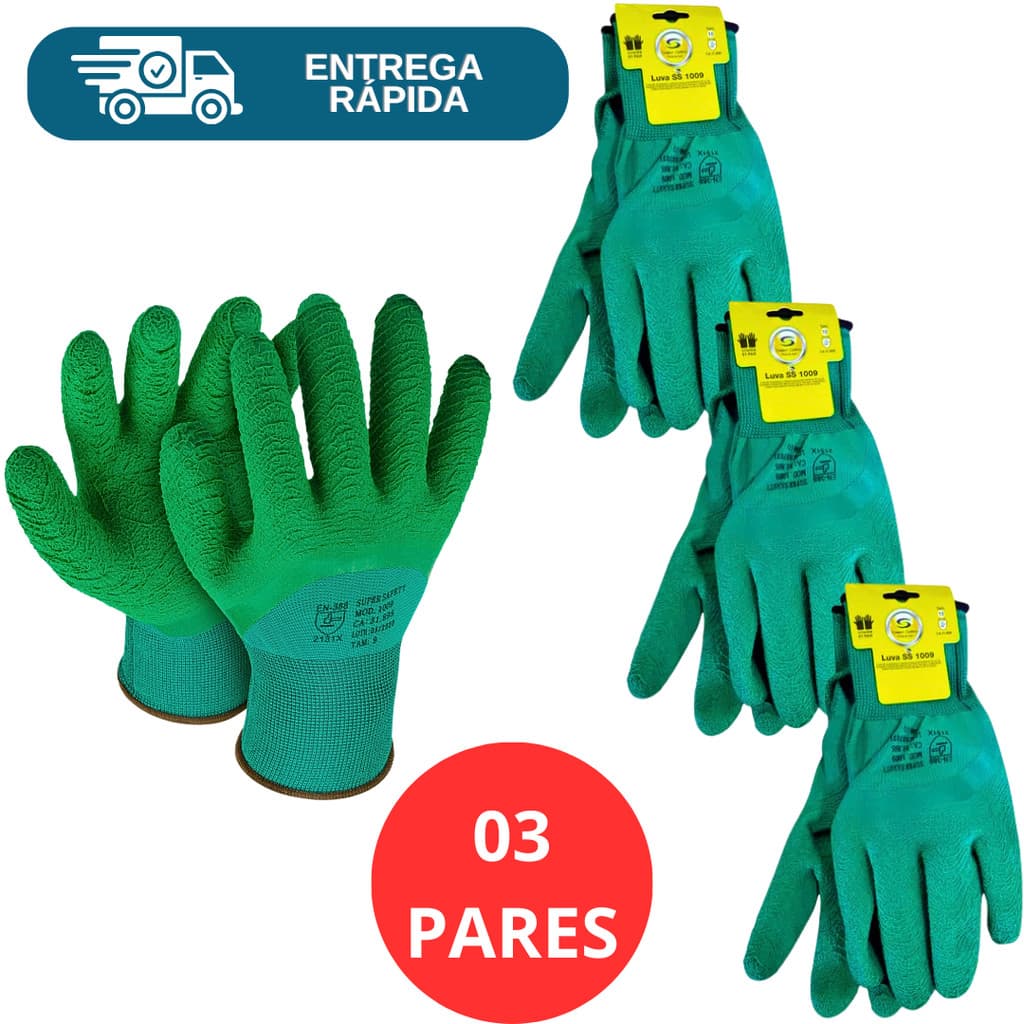 Kit 3 Prs Luva Revestida Látex Corrugado Verde SS 1009  Banhada Coleta Jardinagem Reciclagem Epi