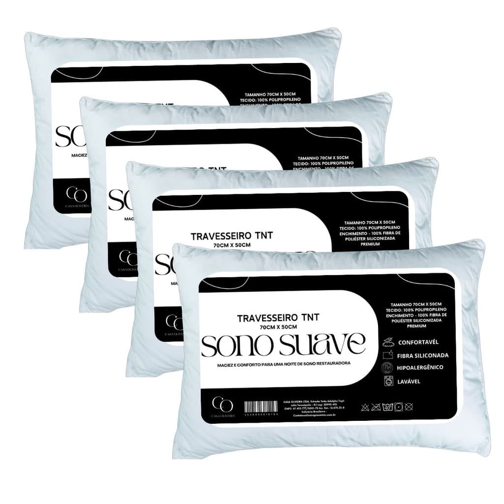 Kit 4 Travesseiros 50x70 Antialérgico 100% Fibra Siliconada Importada Lavável Macio TNT Luxo
