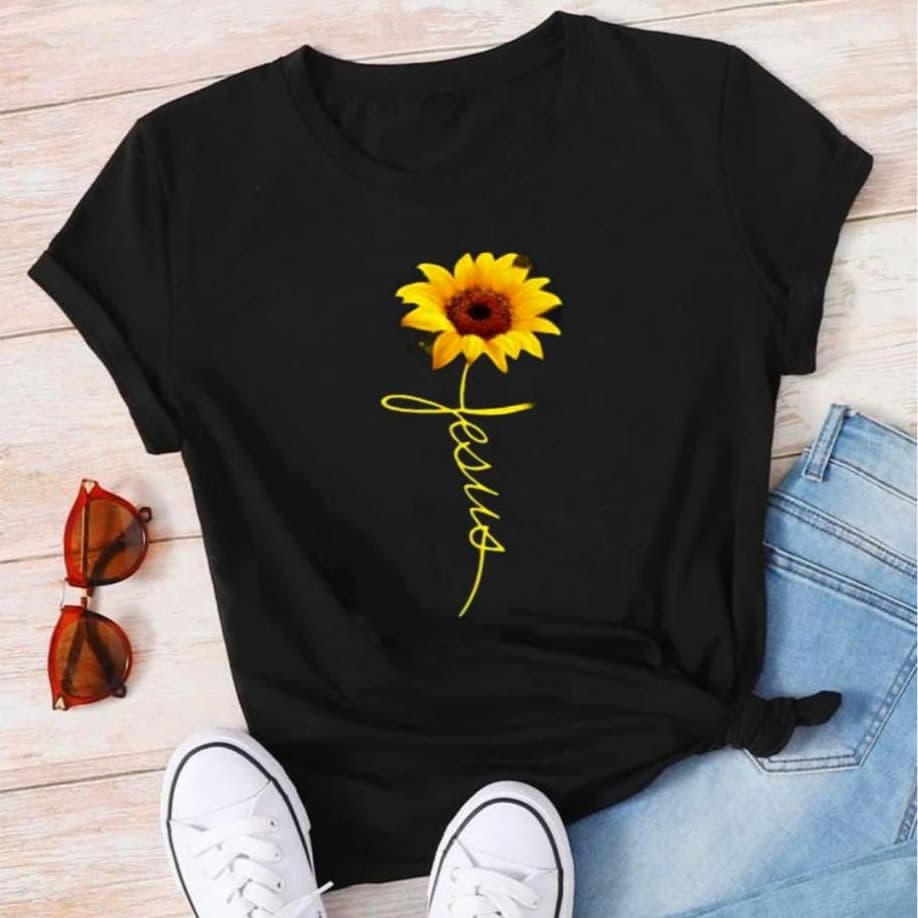 Plus Size Camiseta Blusinha Girassol Jesus Preta Moda Feminina envio imediato  trendbox