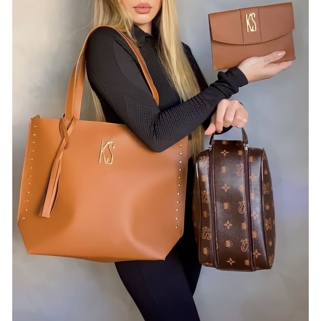 Kit 3 Peças Bolsa Sacola Grande  Ks + Necessaire Multifuncional Ks + Porta Documentos Sanes Pd