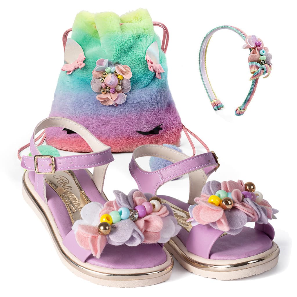 Kit Sandalia Infantil Meninas Unicornio Bolsa Arquinho Moda