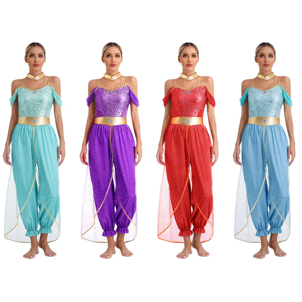 hcl-# S-4XL Feminino Dança Do Ventre Princesa Árabe Role Play Gemas Adornadas Lantejoulas Macacão Com Metálico Brilhante