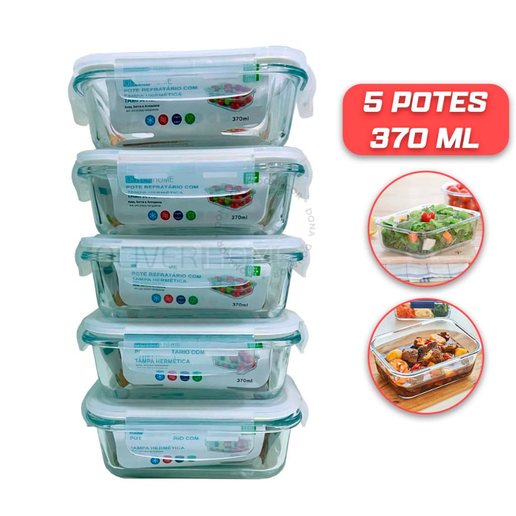 Kit 5 Potes de Vidro 370ml Hermético Marmita Fit com Tampa 4 Travas