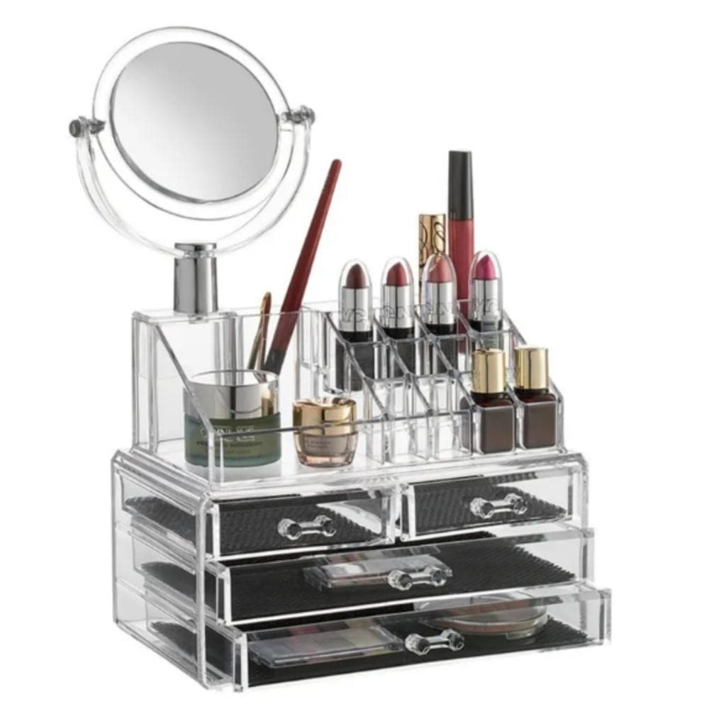 ORGANIZADOR DE MAQUIAGEM ACRILICO PORTA BATOM PINCEL LAPIS JOIA 4 GAVETAS ESPELHO DESIGN ELEGANTE