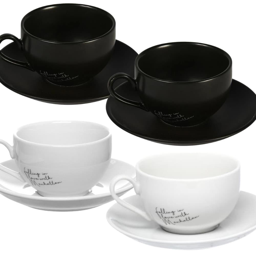 Jogo 8 Peças 4 Xicaras Com 4 Pires Cafe Cha Manhattan 90ml Cor Preto Elegante