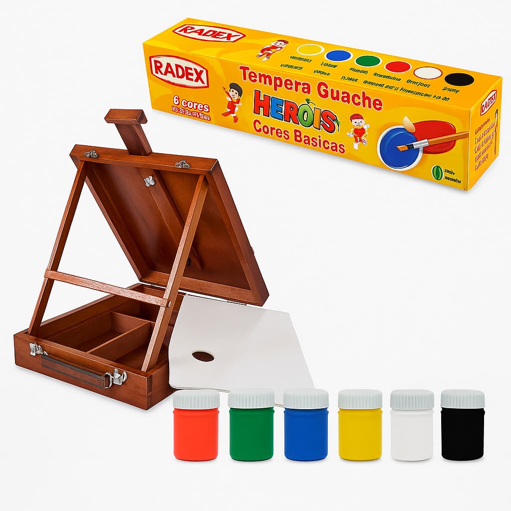 Estojo Maleta Cavalete Davinci Dobrável + Guache 6 Cores +  Paleta de Brinde