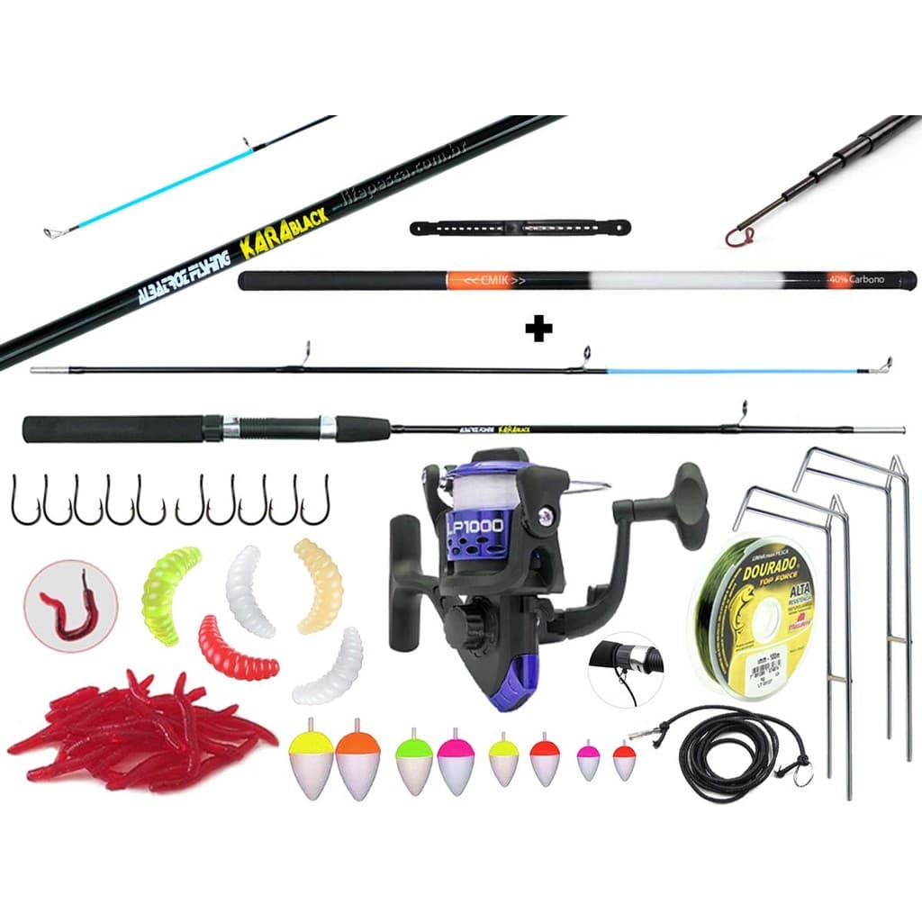 Kit de Pesca Com Vara Para Molinete 1,50m + Vara Telescópica 4,00m + Molinete + Suporte p/ Vara + Acessórios (Ref. 198)