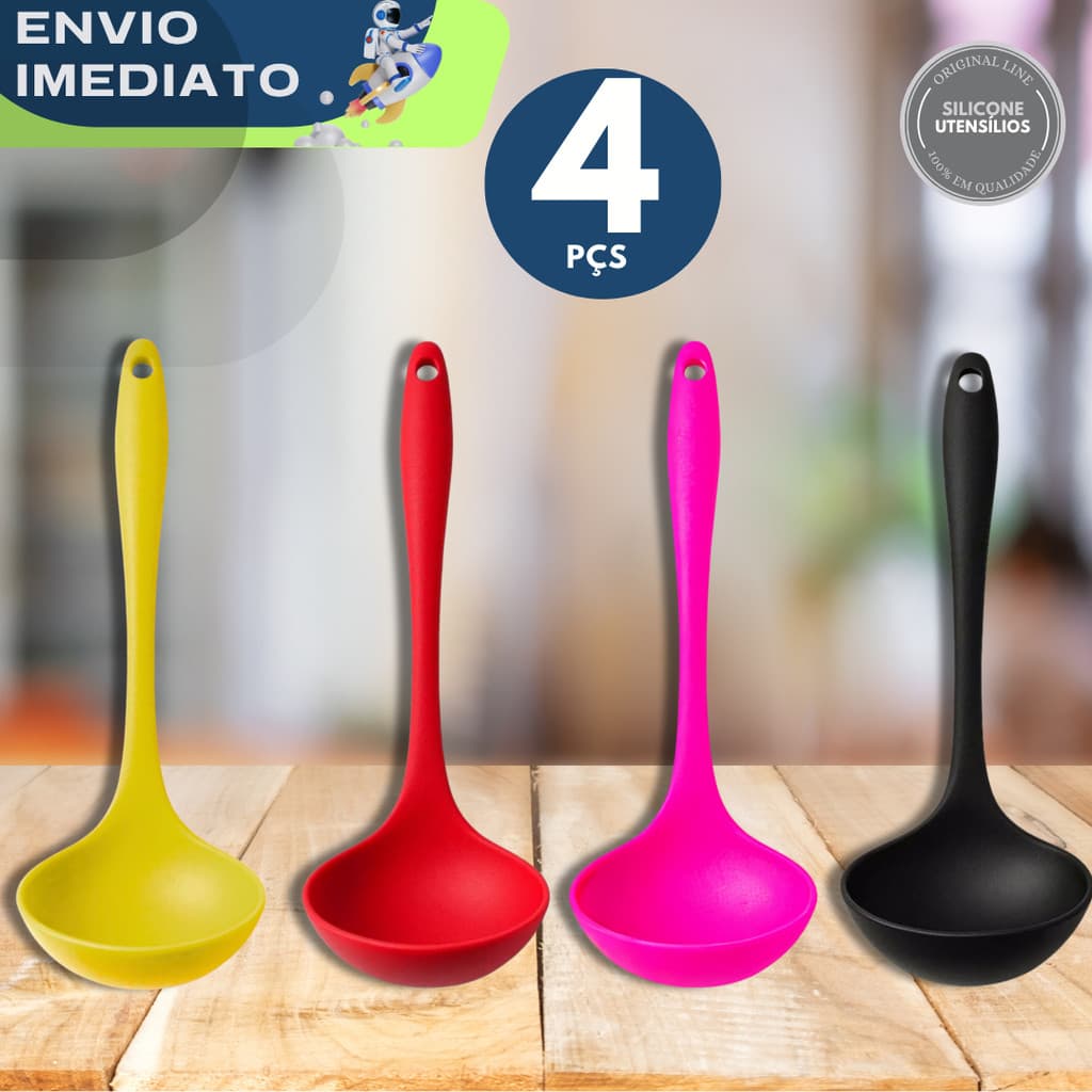 KIT 4 Concha em Silicone Utensílios Anti Aderente Não Risca Cozinha Caldos Feijão Restaurante Buffet Lanchonete Casa